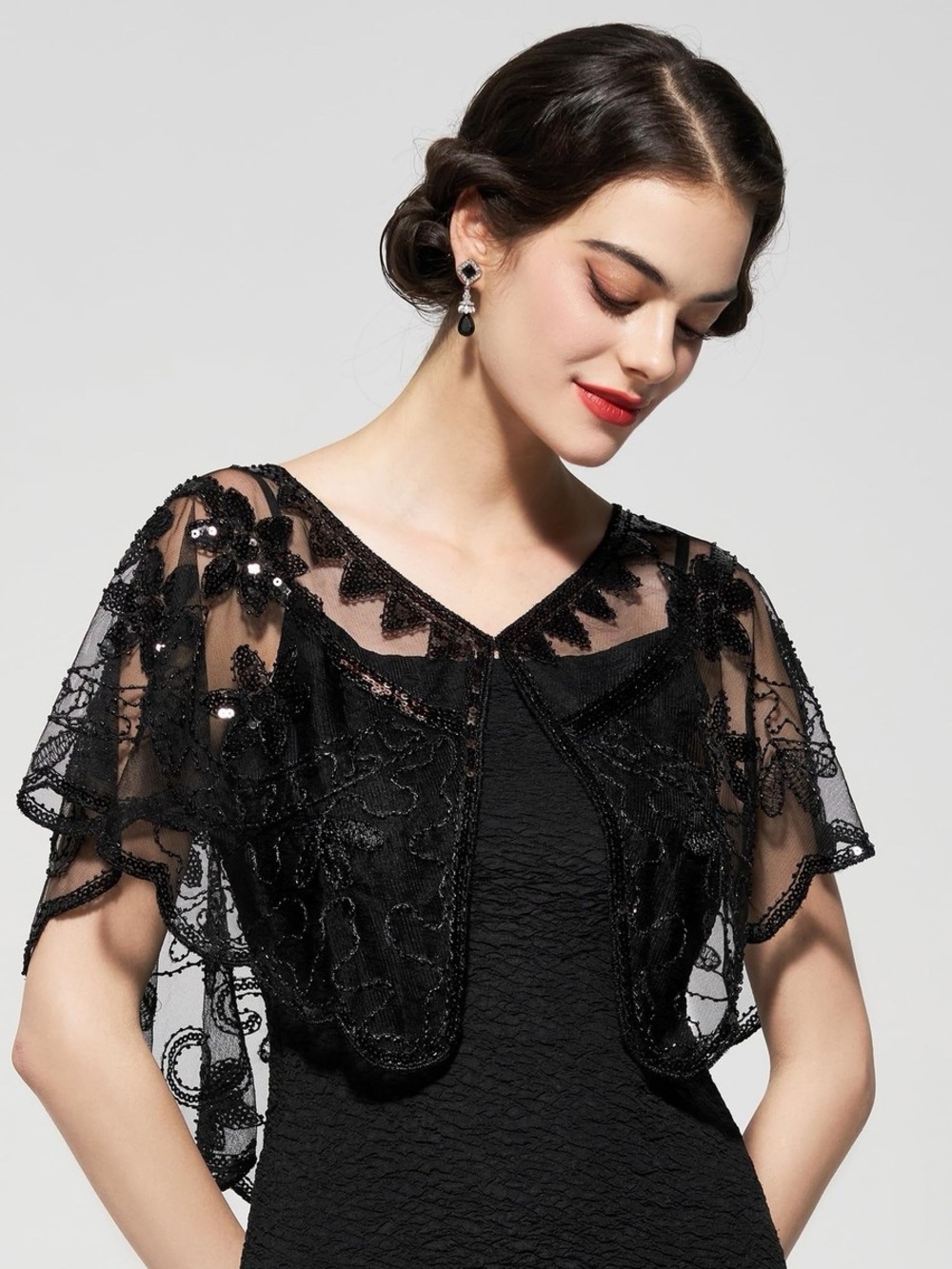Black Beaded Women's 1920's Sequin Flapper Shawl - OS